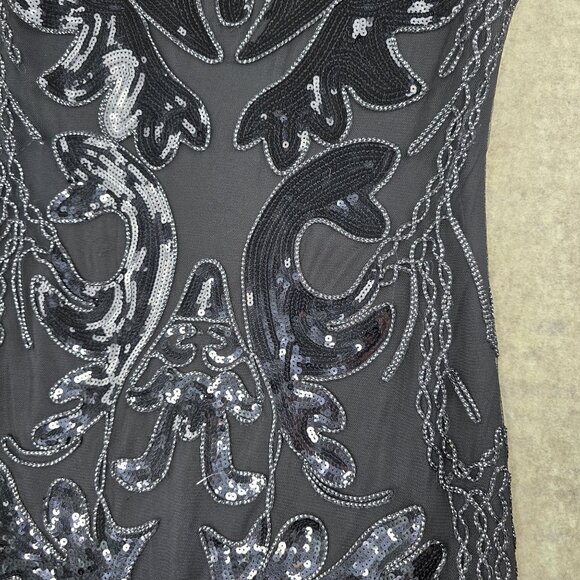 Sequined Fringe Black Sleeveless Cocktail Dress Elegant Art Deco Style Polyester - Picture 3 of 8